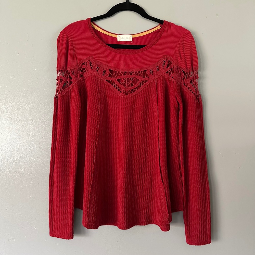 Altar'd State Waffle‎ Knit with Lace Detail Long Sleeve Shirt | Red